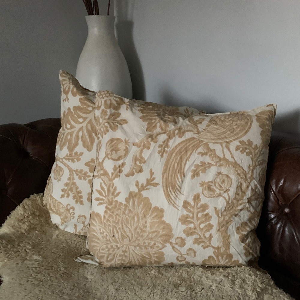 Pottery Barn euro pillow accent home decor linen blend tan beige floral set of 2
